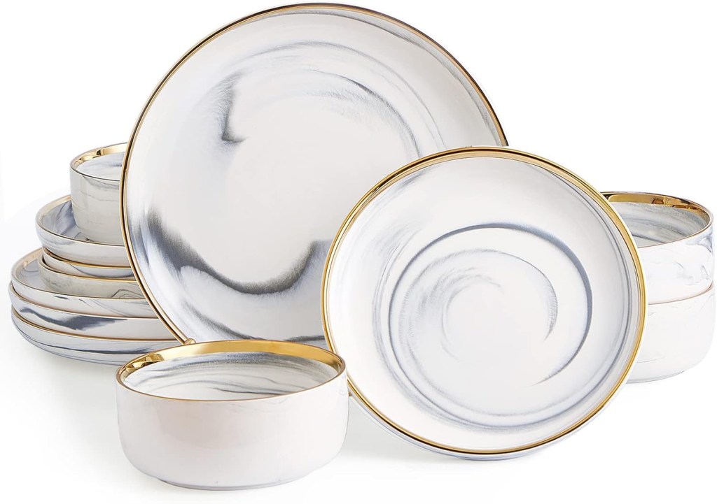 Dinnerware Set, POKINI Porcelain Plates and Bowls Set, Modern Luxury Dinner Set for 4, White Grey China Dishware Set for Special Occasions, Hand Wash Quickly, Marble Gold Rim