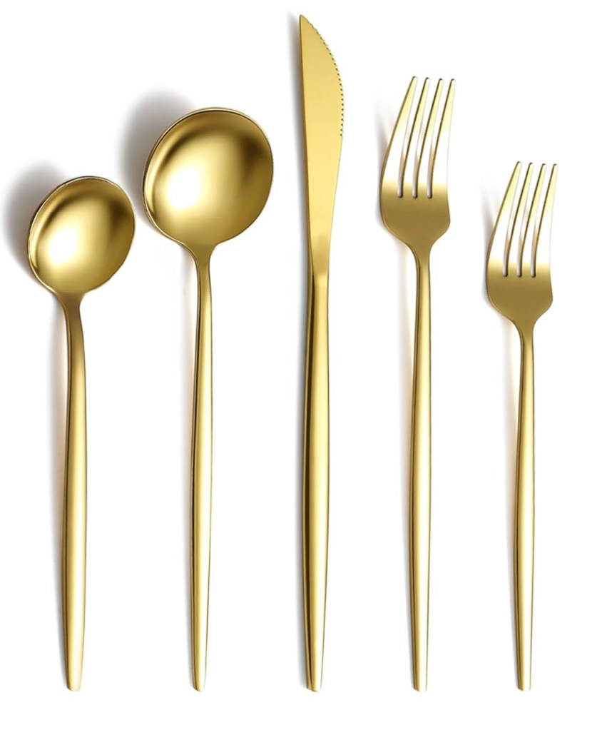 Evanda Gold Silverware Set 60 Piece Service for 12, Titanium Gold Plated Stainless Steel Flatware Set, Knives Forks Spoons Cutlery Set for Wedding, Parties, Birthday, Restauroom, Dishwasher Safe