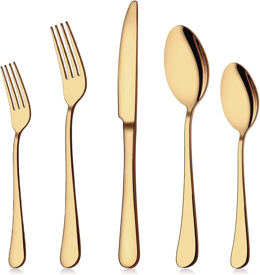 Flatware Set, 20-Piece Elegant Silverware Cutlery Set, Stainless Steel Utensils Service for 4, Include Knife/Fork/Spoon, Mirror Polished, Dishwasher Safe(Gold)