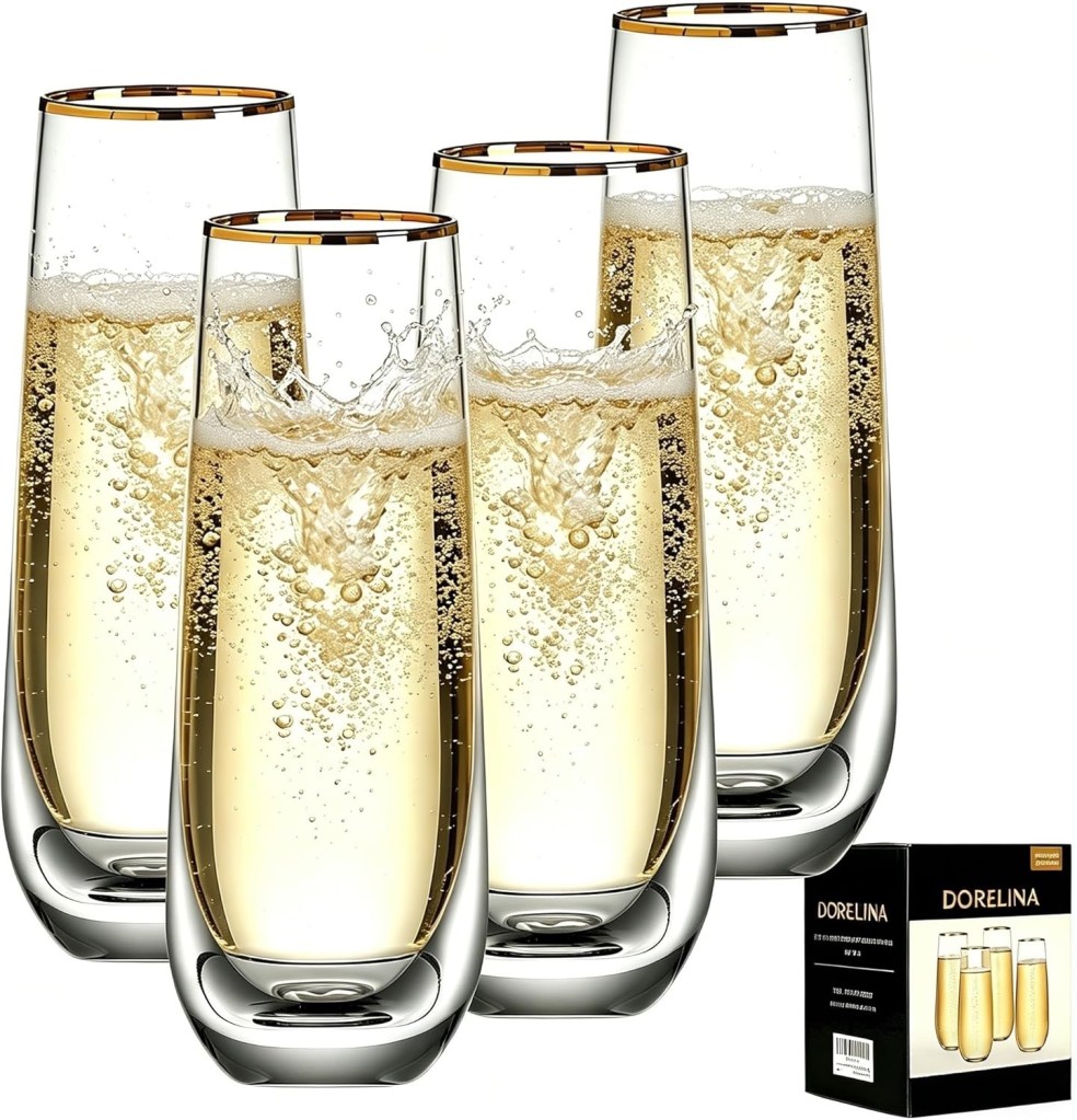 DORELINA Stemless Champagne Flutes Set of 4, Gold Rim Champagne Glasses, Best Gift