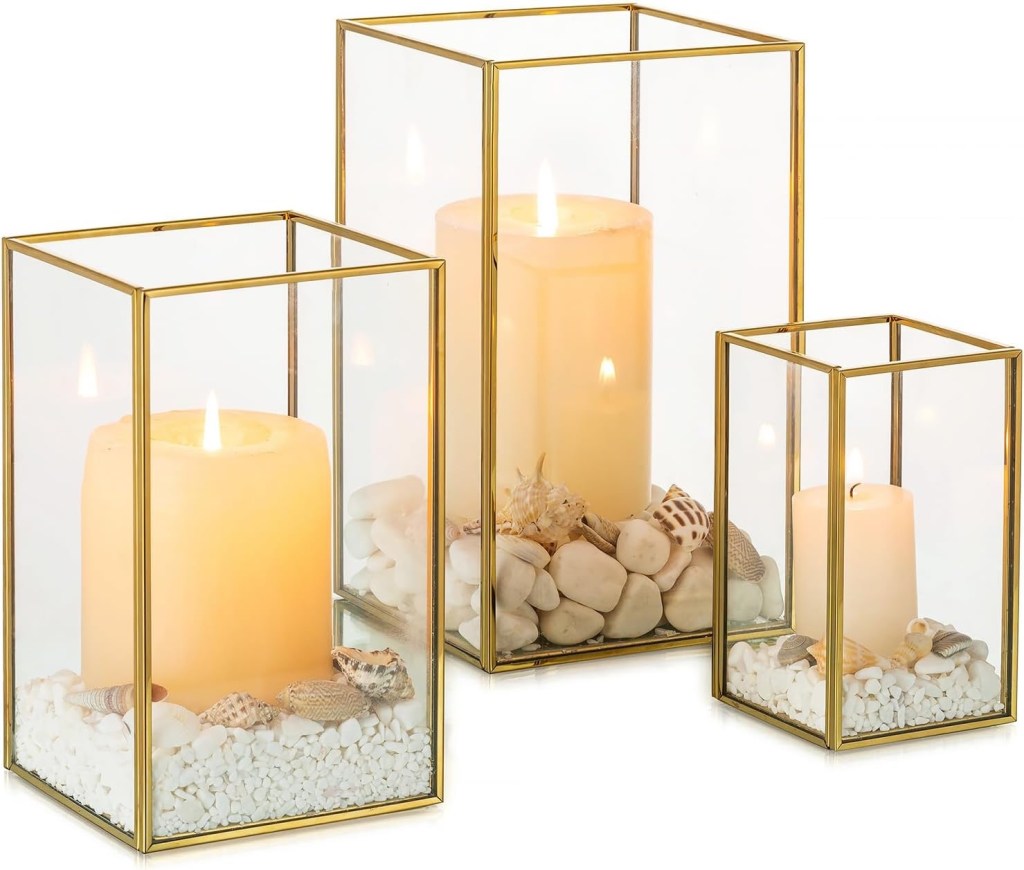 NUPTIO Hurricane Glass Candle Holders: 3Pcs Gold Lanterns Candle Holder for Pillar Candles Geometric Table Centerpiece for Outdoor & Indoor Wedding Christmas Holiday Party Decor 8.1 & 6.5 & 4.7 inch