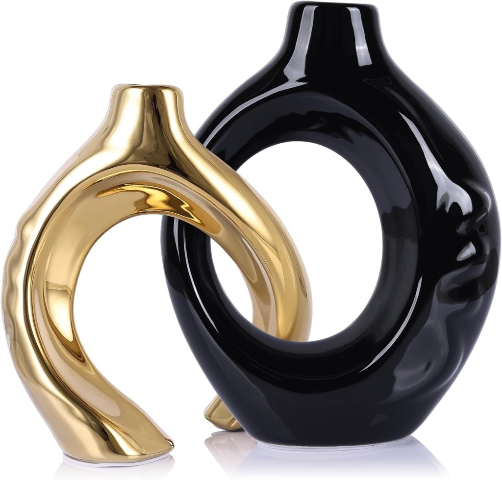 LCCCK Modern Vases for Décor, Black and Gold Vase Home Decor, Circle Pampas Grass Vase Table Ceramic Vase Bookshelf, Fireplace Mantle, Centerpieces Dining Room Decor