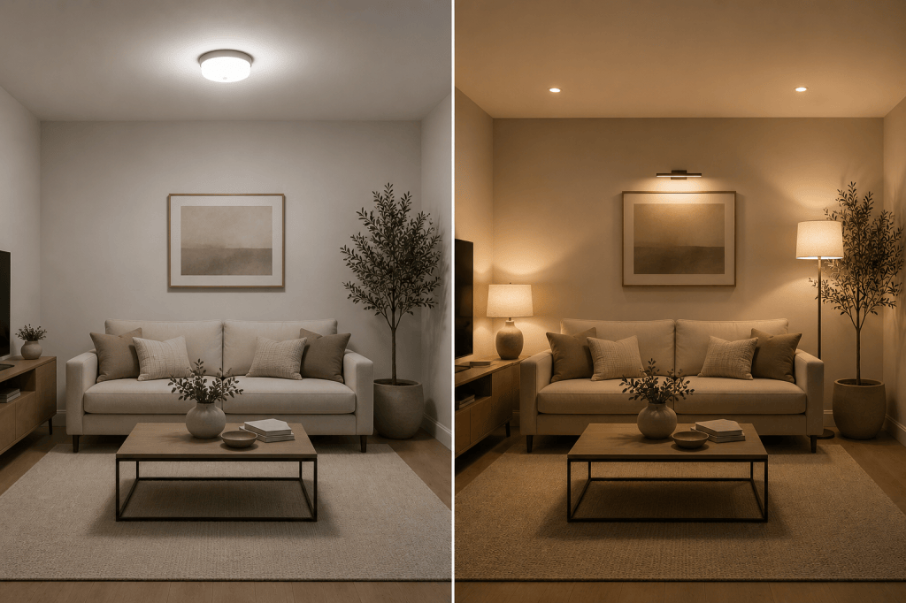 Living room lighting comparison showing a single overhead light versus warm layered lighting with table and floor lamps