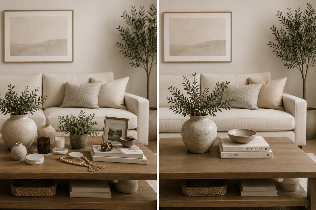 Coffee table decor comparison showing a cluttered surface versus a clean, curated and intentionally styled living room