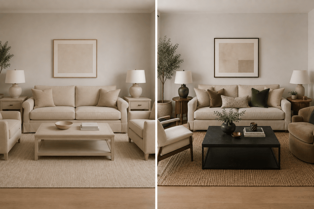Living room comparison showing overly matching furniture versus a layered, collected interior with mixed materials and finishes