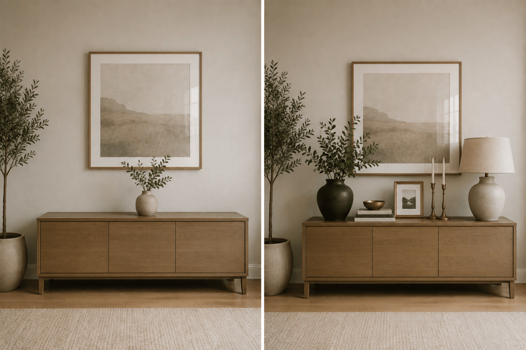 Console table styling comparison showing flat decor at one height versus layered accessories with varied heights, shapes and scale