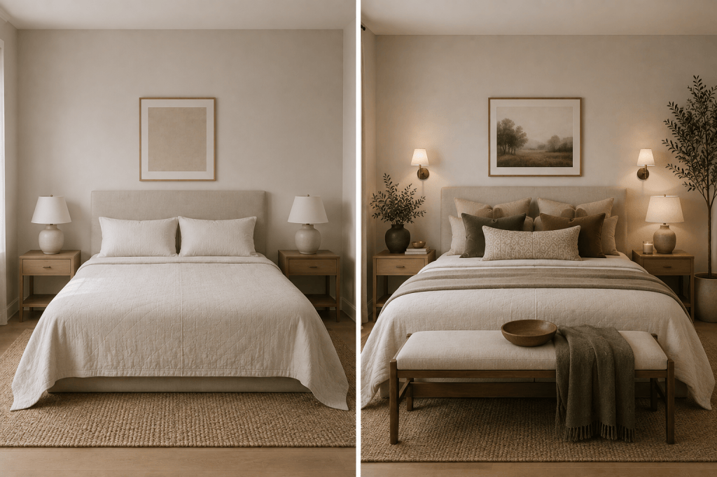 Bedroom scale and proportion comparison showing undersized decor versus properly scaled artwork, lighting and furniture for a balanced interior