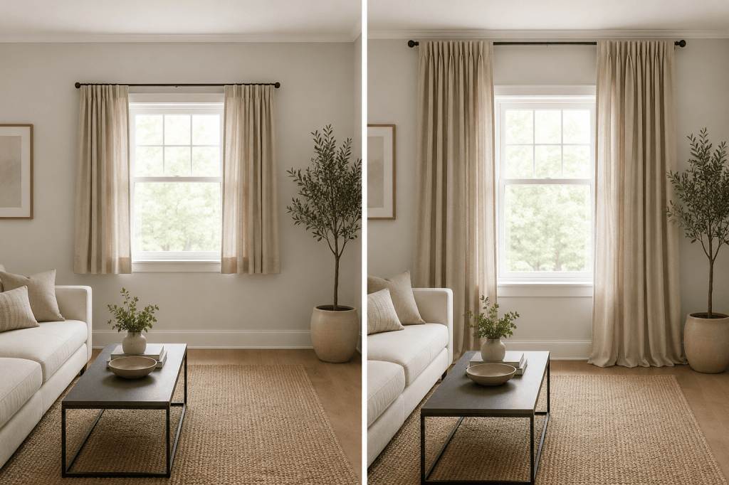 Curtain hanging comparison showing curtains hung too low versus curtains hung high and wide