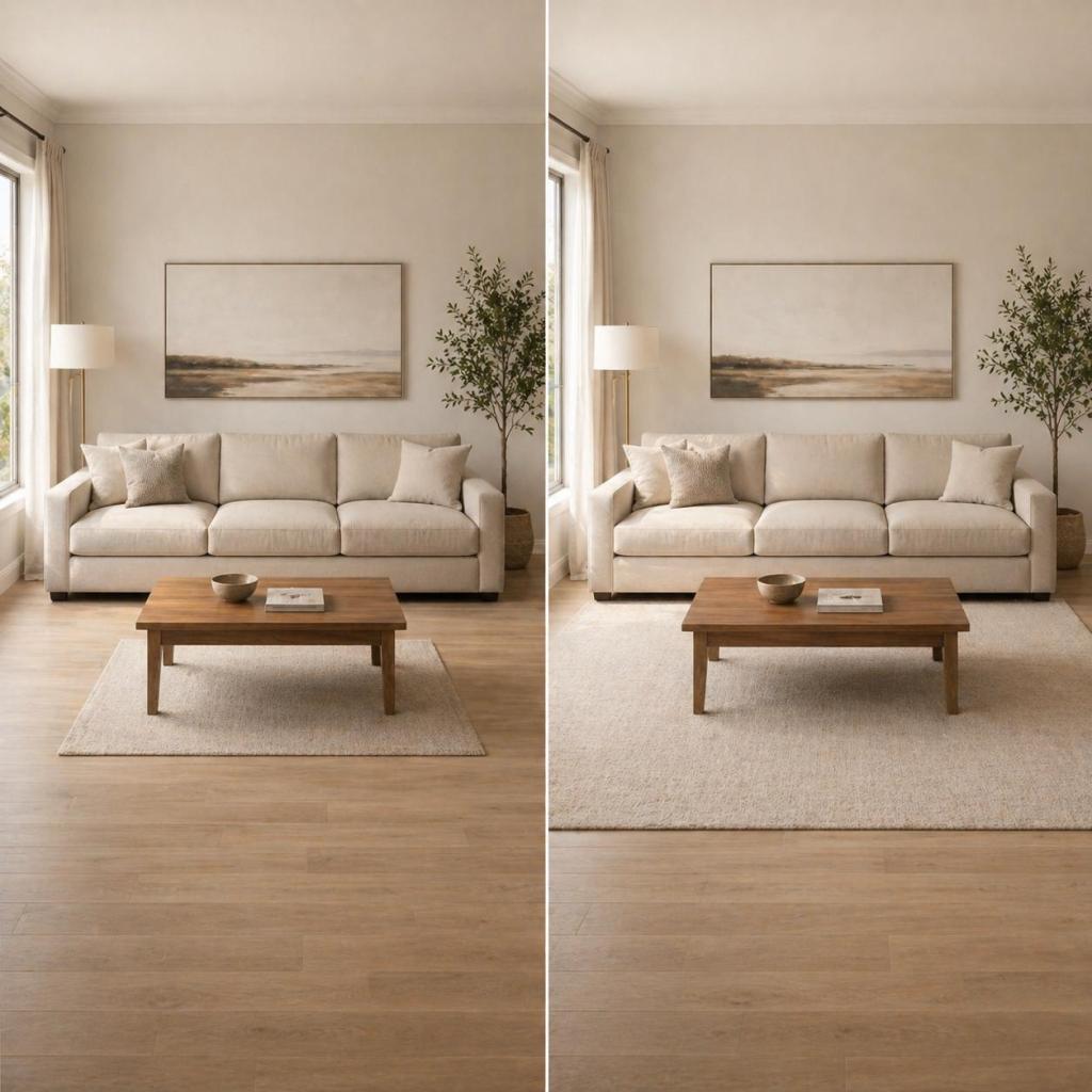 Living room rug size comparison showing a rug that is too small versus a properly sized area rug